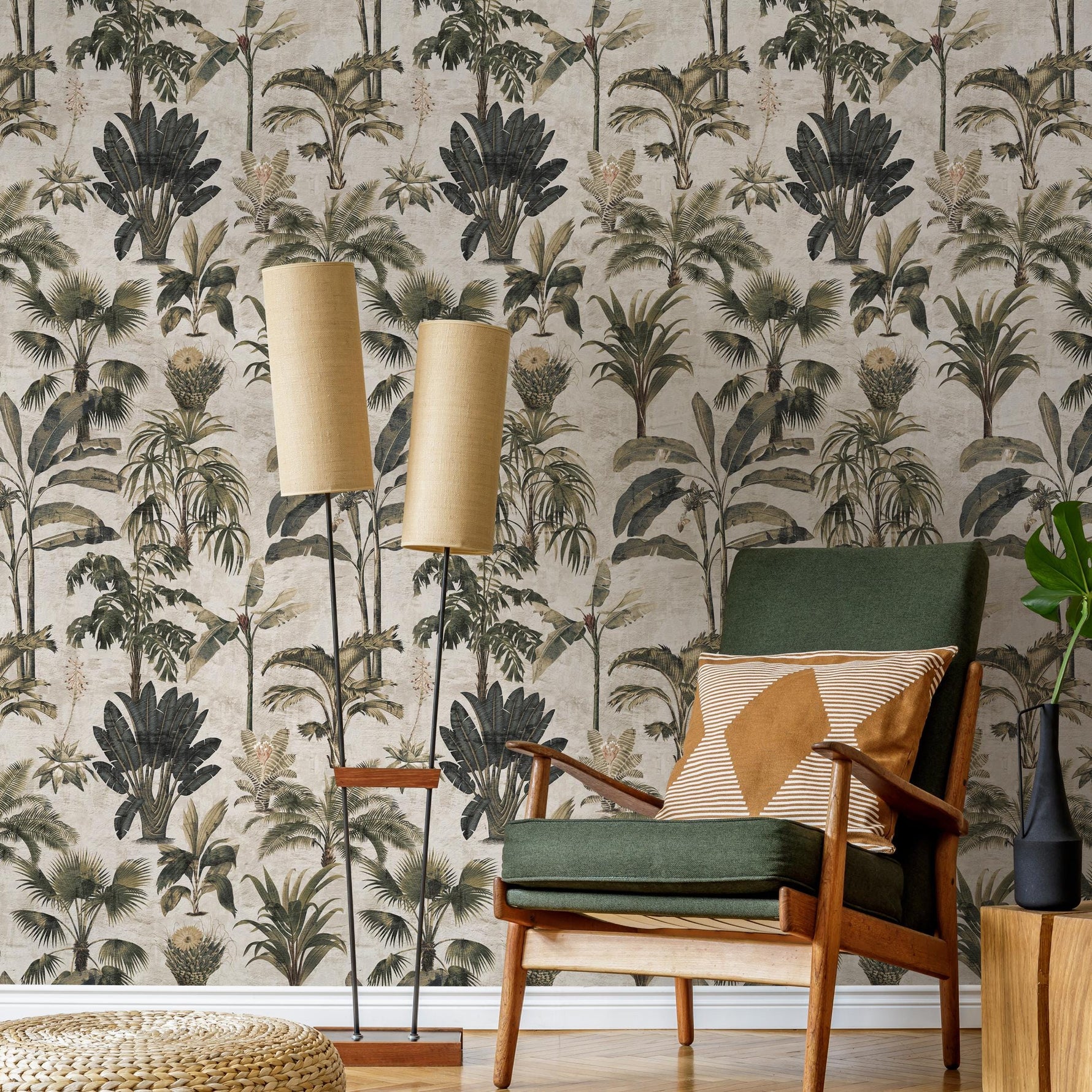 Botanical Wallpaper with Vintage Palm Trees in Green and Gray - E140 A