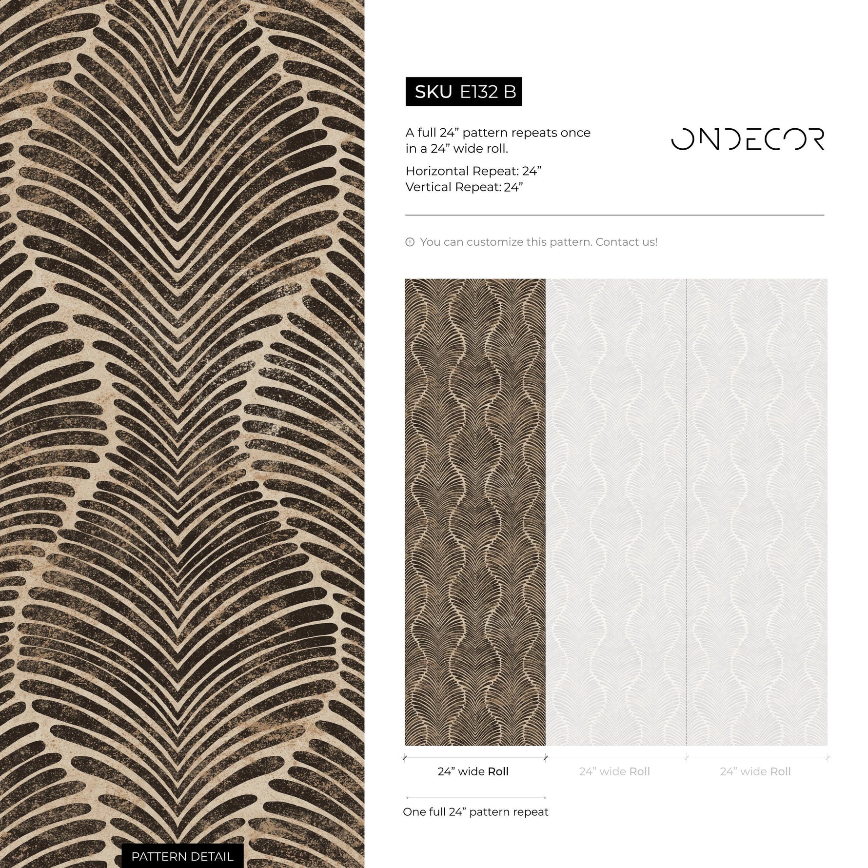 Art Deco Wallpaper Featuring a Wavy Plume Pattern in Black and Beige - E132 B