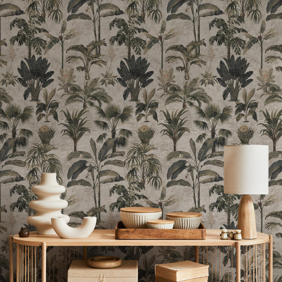 Tropical Wallpaper with a Vintage Palm Tree Motif in Green, Grey, and Beige - E140 B