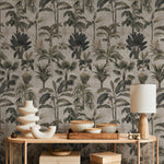 Tropical Wallpaper with a Vintage Palm Tree Motif in Green, Grey, and Beige - E140 B