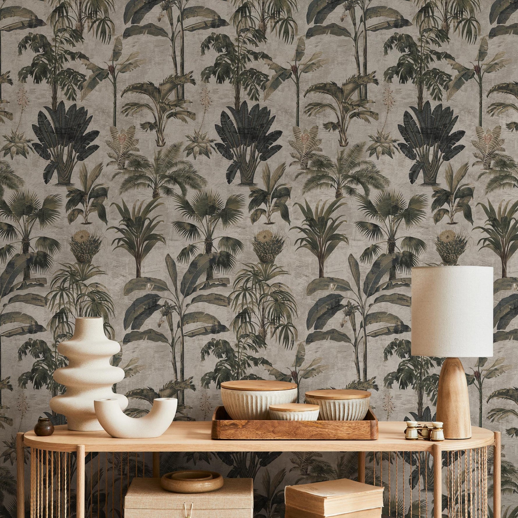 Tropical Wallpaper with a Vintage Palm Tree Motif in Green, Grey, and Beige - E140 B