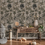 Tropical Wallpaper with a Vintage Palm Tree Motif in Green, Grey, and Beige - E140 B