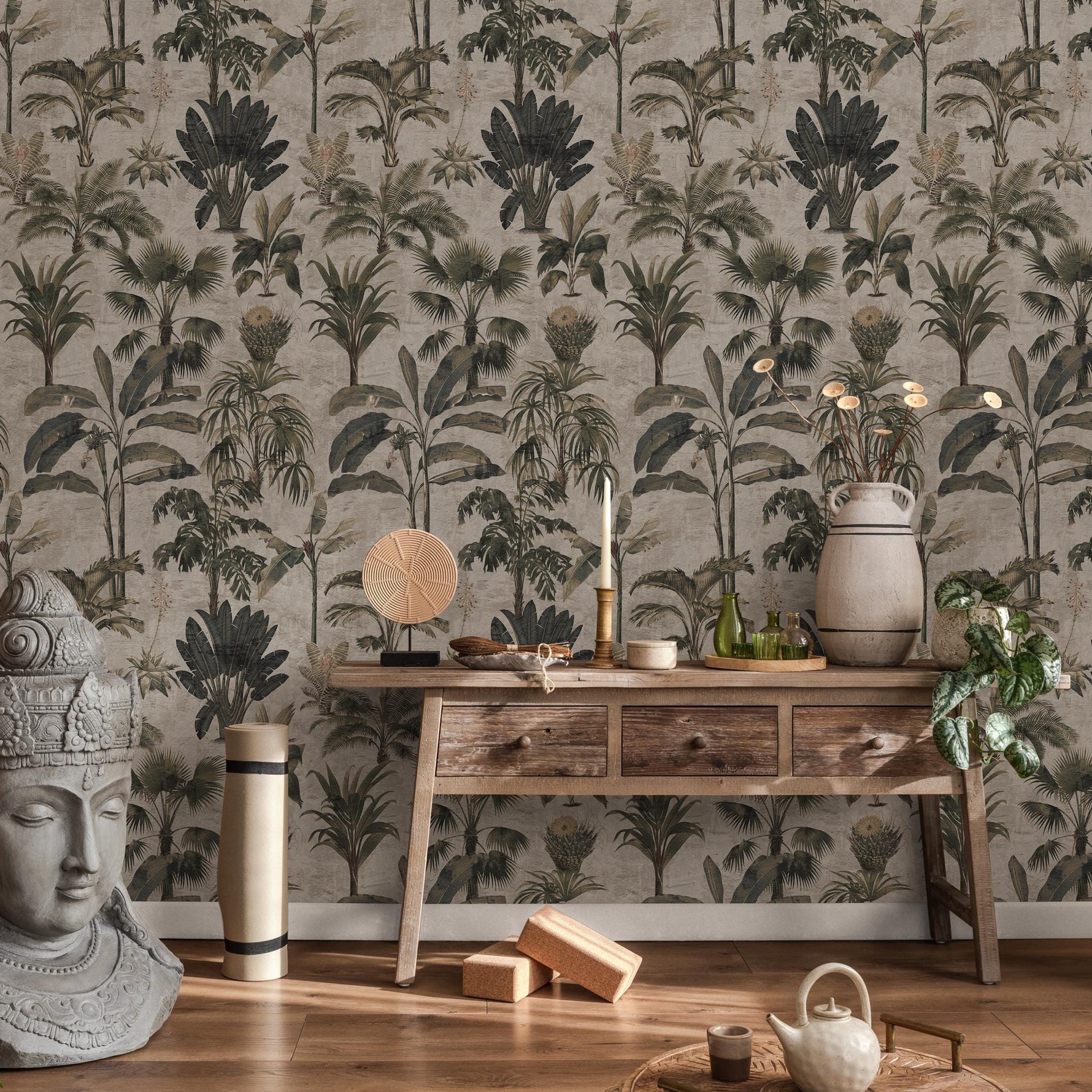 Tropical Wallpaper with a Vintage Palm Tree Motif in Green, Grey, and Beige - E140 B