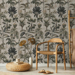 Tropical Wallpaper with a Vintage Palm Tree Motif in Green, Grey, and Beige - E140 B