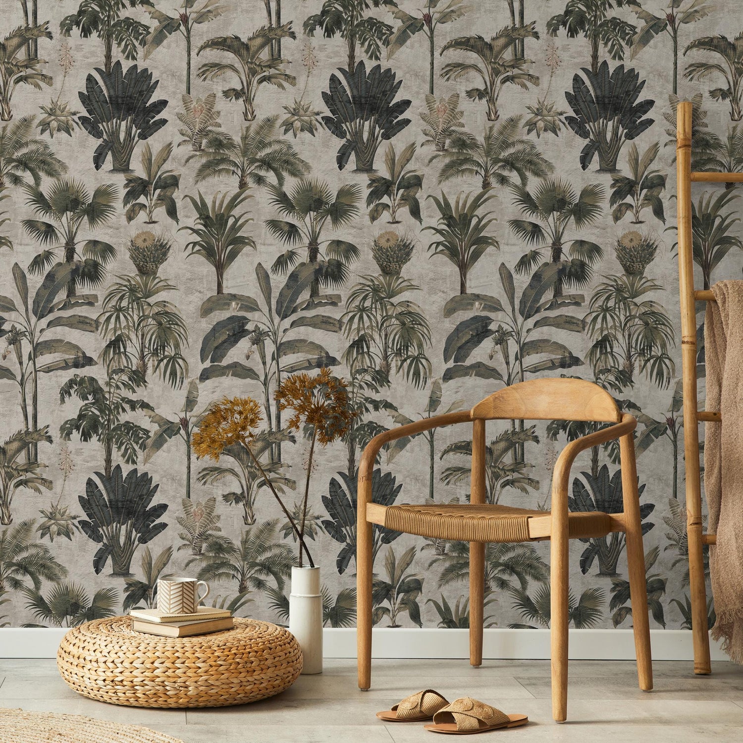 Tropical Wallpaper with a Vintage Palm Tree Motif in Green, Grey, and Beige - E140 B