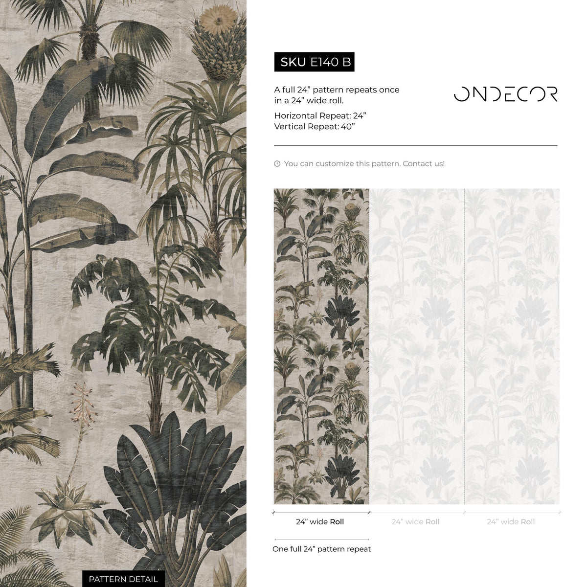 Tropical Wallpaper with a Vintage Palm Tree Motif in Green, Grey, and Beige - E140 B