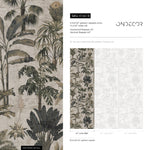 Tropical Wallpaper with a Vintage Palm Tree Motif in Green, Grey, and Beige - E140 B