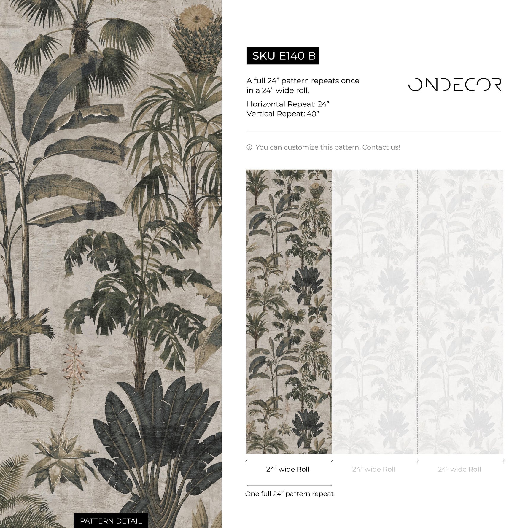 Tropical Wallpaper with a Vintage Palm Tree Motif in Green, Grey, and Beige - E140 B