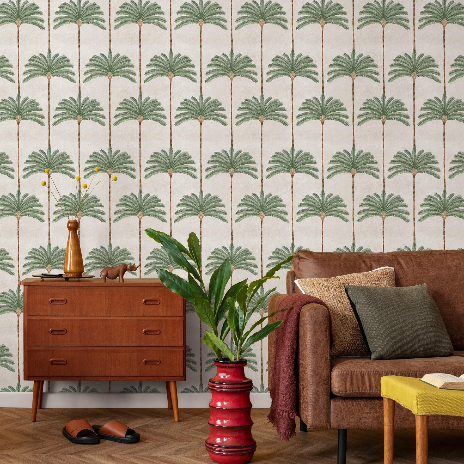 Botanical Wallpaper with a Palm Tree Stripe Pattern in Green and Brown - E142 B