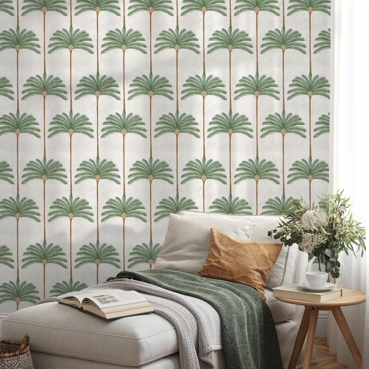 Botanical Wallpaper with a Palm Tree Stripe Pattern in Green and Brown - E142 B