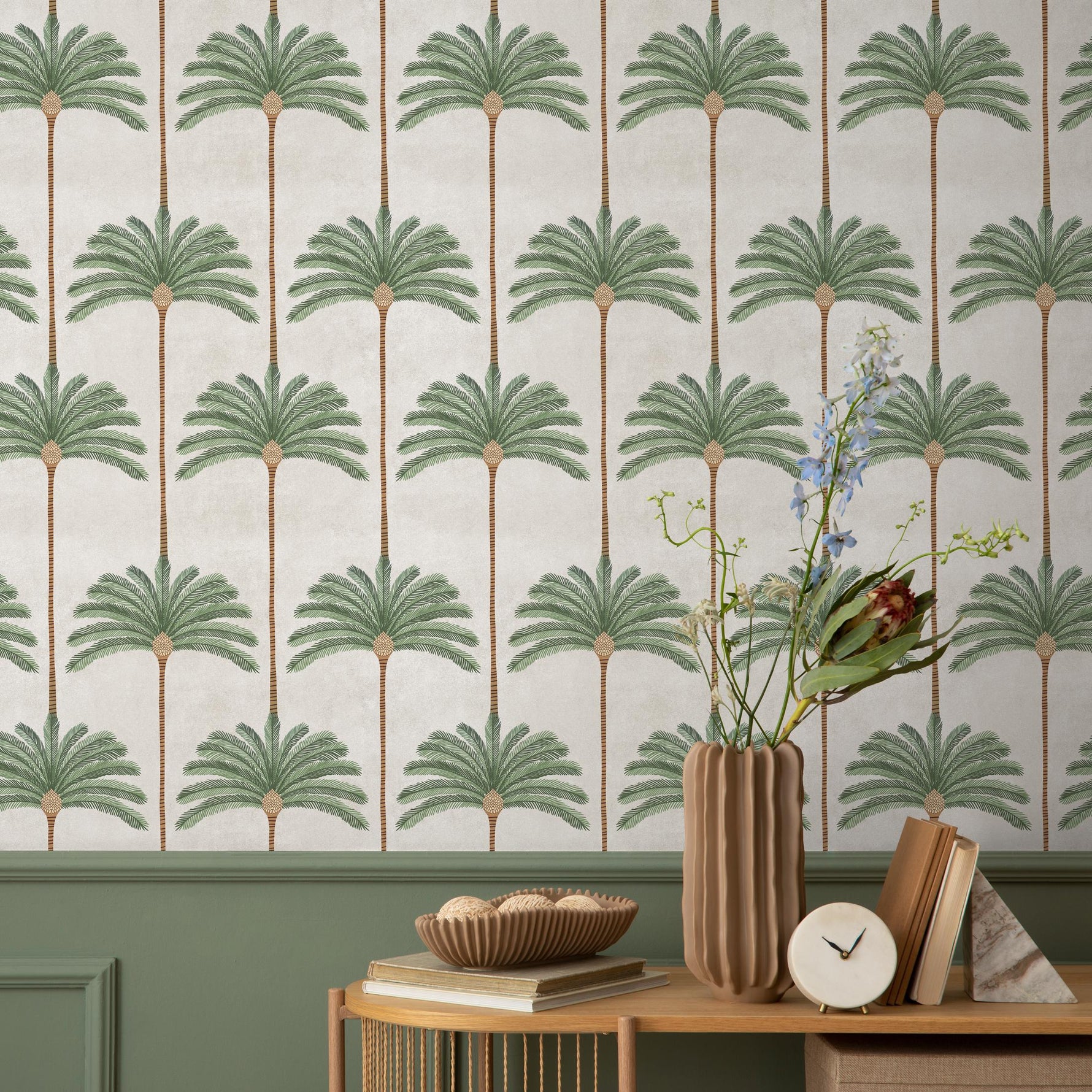 striped palm plant Modern Botanical Wallpaper with a Palm Tree Pattern in Green and Brown – ONDECOR.COM