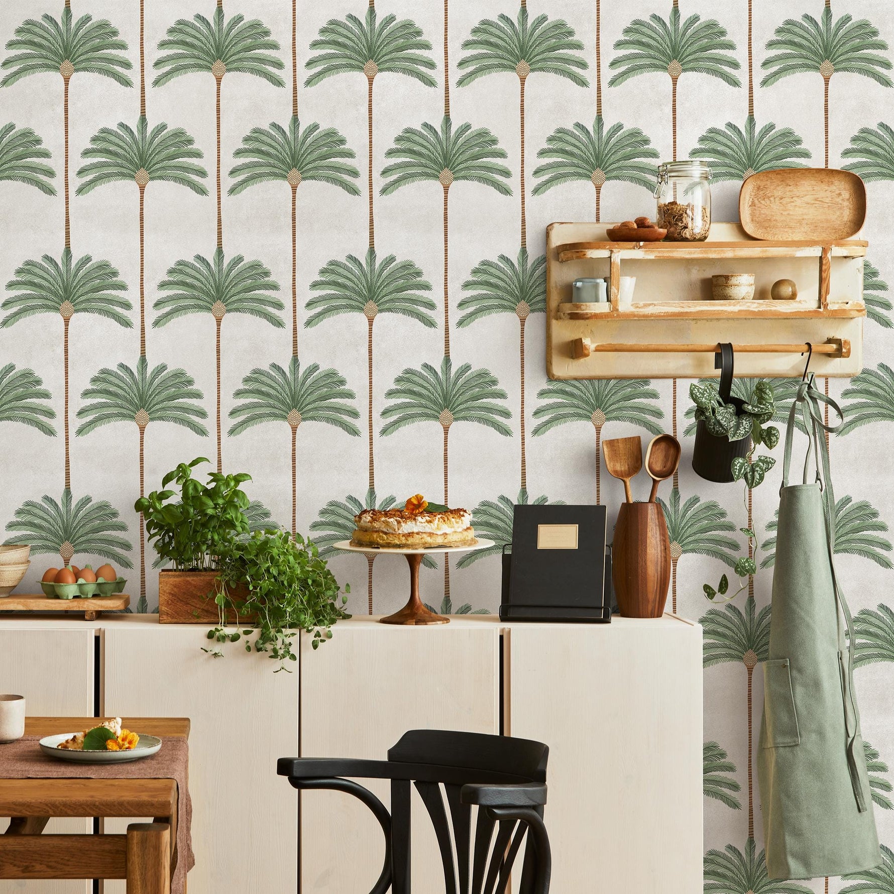 Botanical Wallpaper with a Palm Tree Stripe Pattern in Green and Brown - E142 B