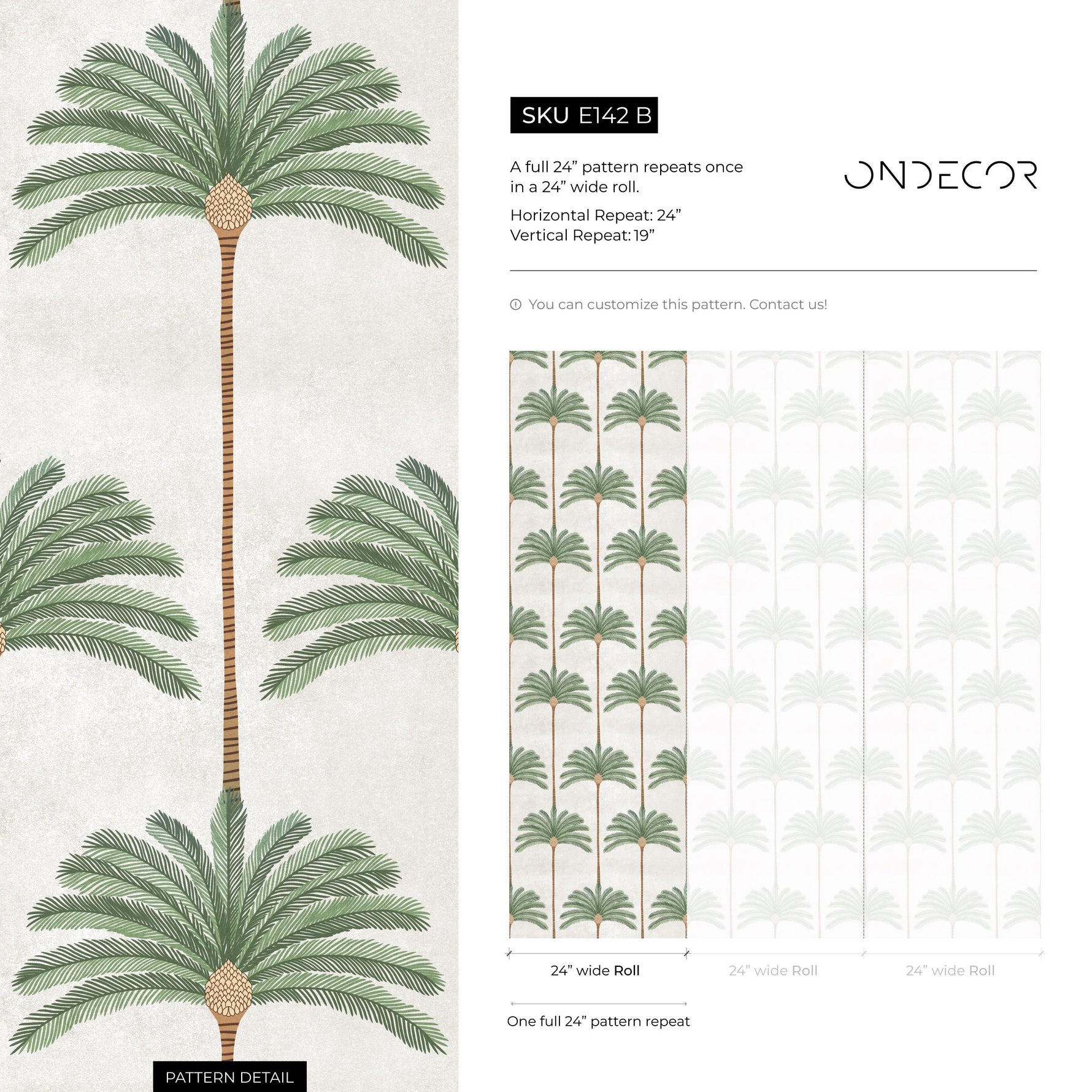 Botanical Wallpaper with a Palm Tree Stripe Pattern in Green and Brown - E142 B