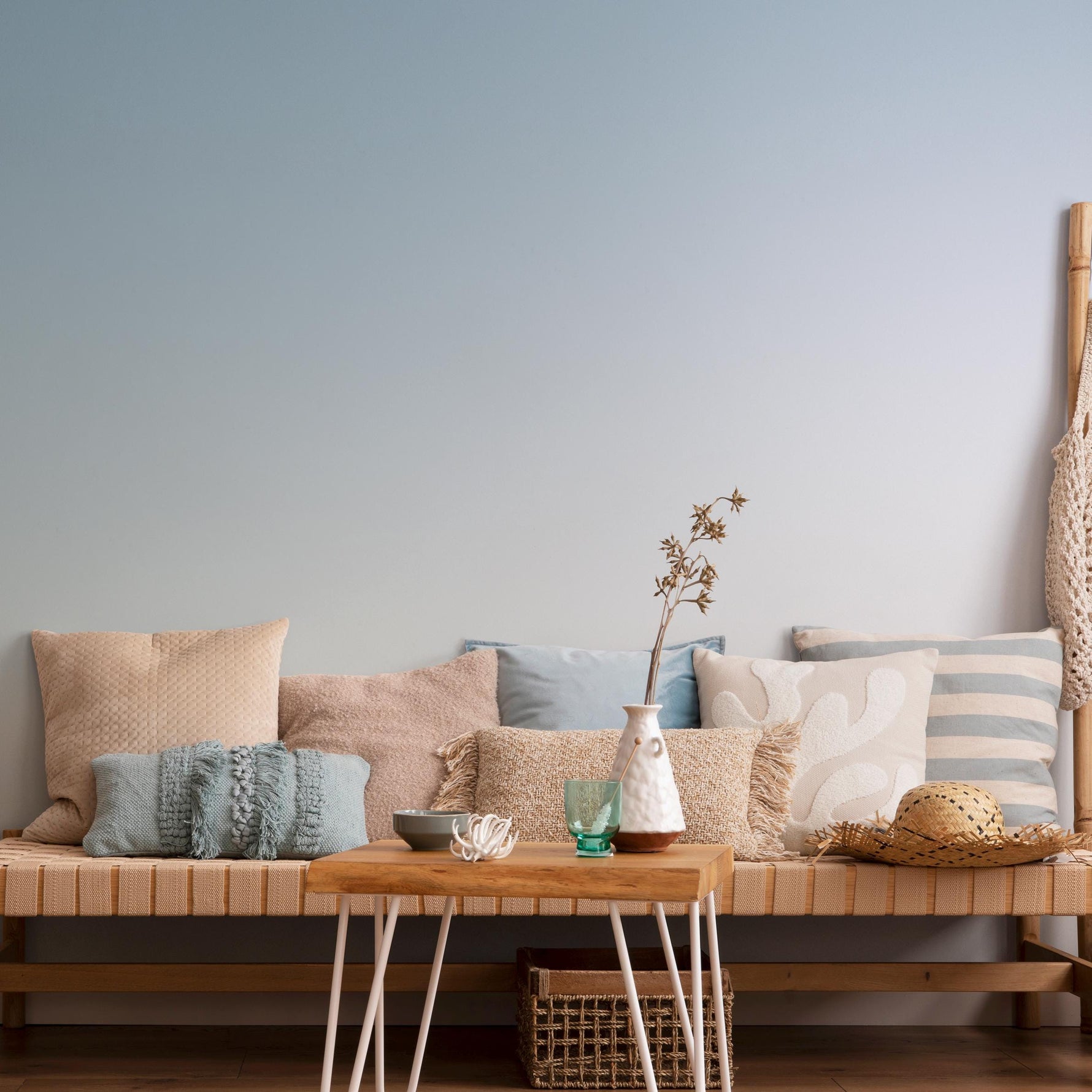 Abstract Wallpaper with Wavy Lines and Organic Shapes in Turquoise and Blue - E245