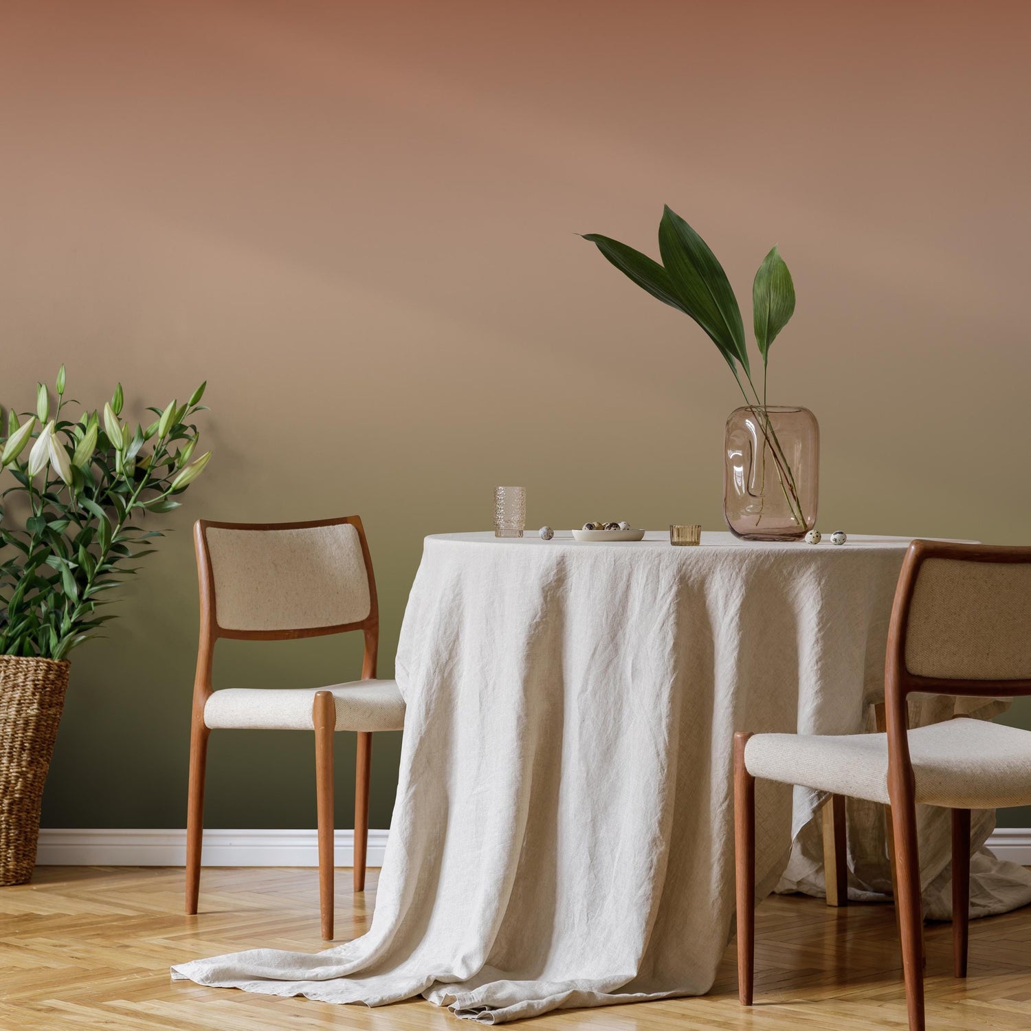 Ombre Wallpaper with a Soft Gradient in Terracotta, Beige, and Green - E273