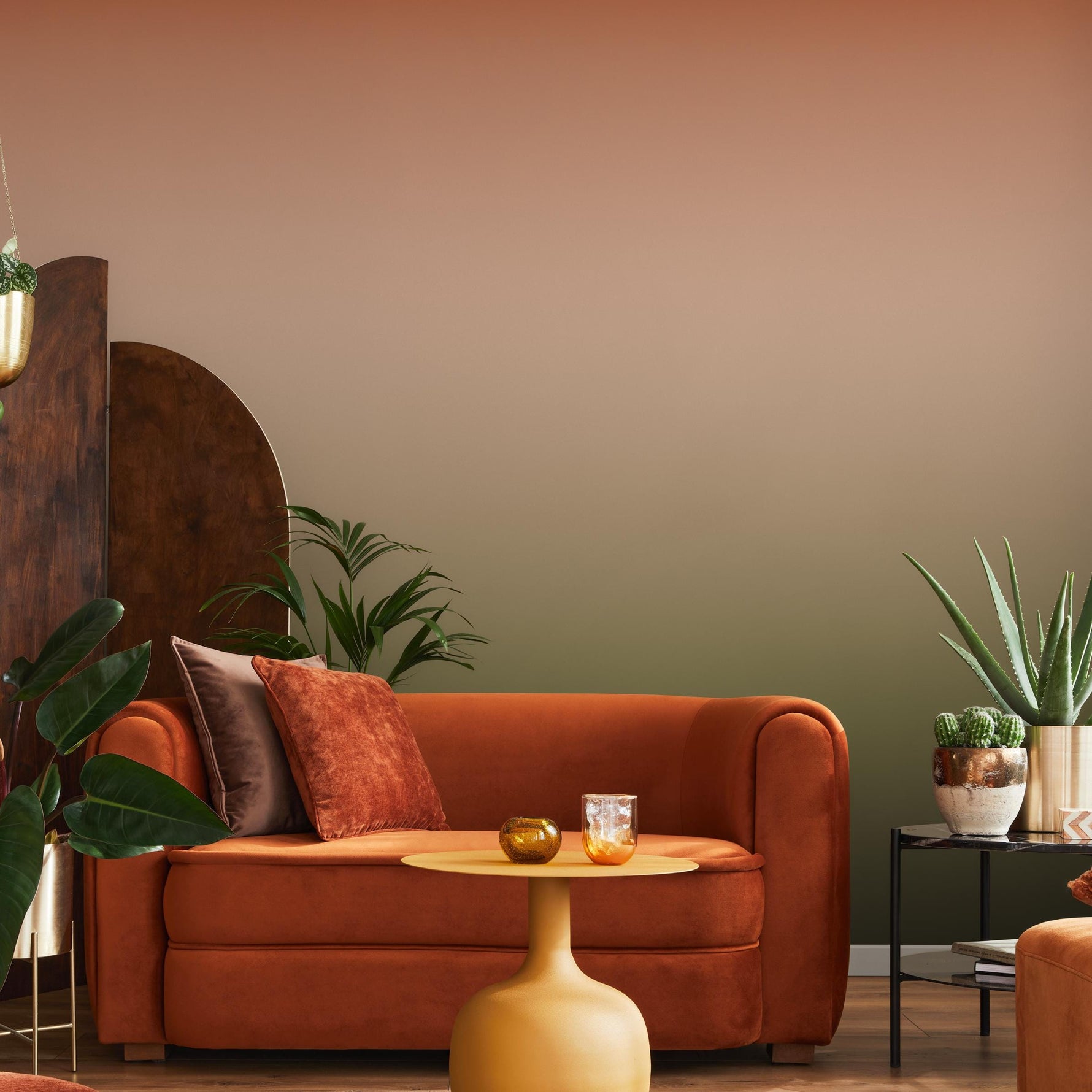 Ombre Wallpaper with a Soft Gradient in Terracotta, Beige, and Green - E273