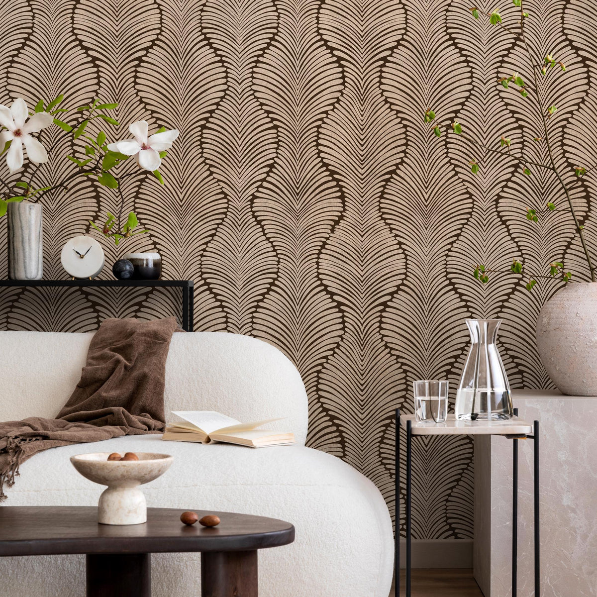 Art Deco Wallpaper with a Scalloped Feather Motif in Brown and Beige - E131 A