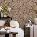 Art Deco Wallpaper with a Scalloped Feather Motif in Brown and Beige - E131 A
