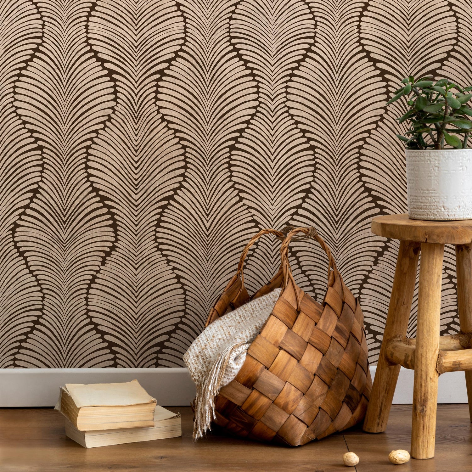 Art Deco Wallpaper with a Scalloped Feather Motif in Brown and Beige - E131 A
