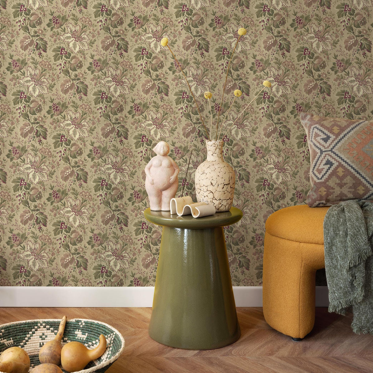 Floral Wallpaper with a Vintage Damask Motif in Green, Mauve, and Burgundy - E133 A