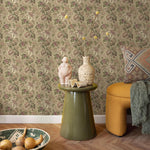 Floral Wallpaper with a Vintage Damask Motif in Green, Mauve, and Burgundy - E133 A