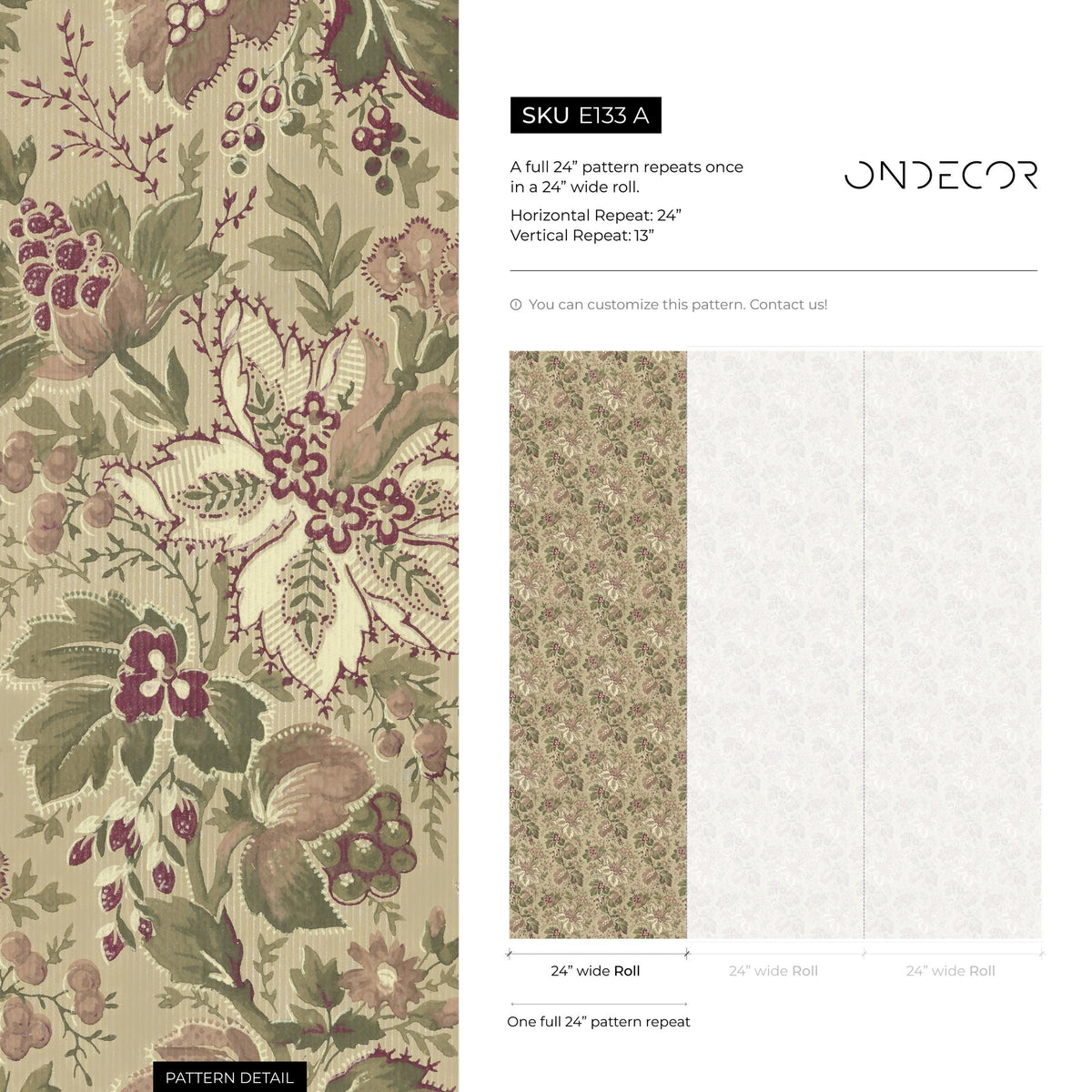 Floral Wallpaper with a Vintage Damask Motif in Green, Mauve, and Burgundy - E133 A