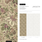 Floral Wallpaper with a Vintage Damask Motif in Green, Mauve, and Burgundy - E133 A