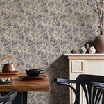 Botanical Wallpaper with a Vintage Leaf Motif in Blue, Grey, and Beige - E133 B