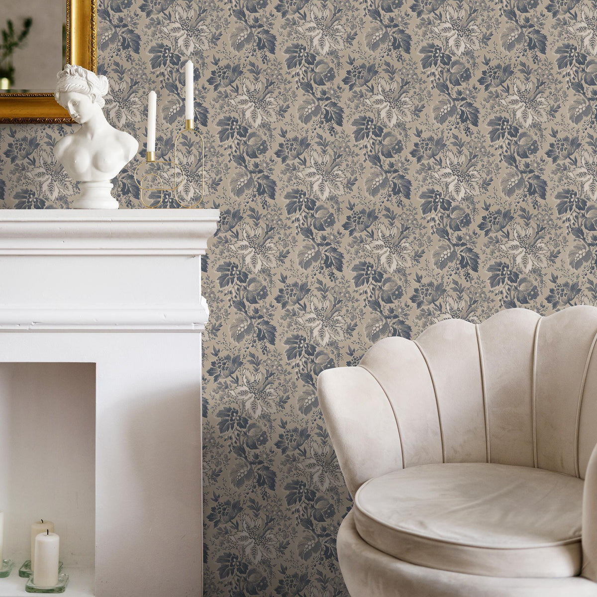 Botanical Wallpaper with a Vintage Leaf Motif in Blue, Grey, and Beige - E133 B