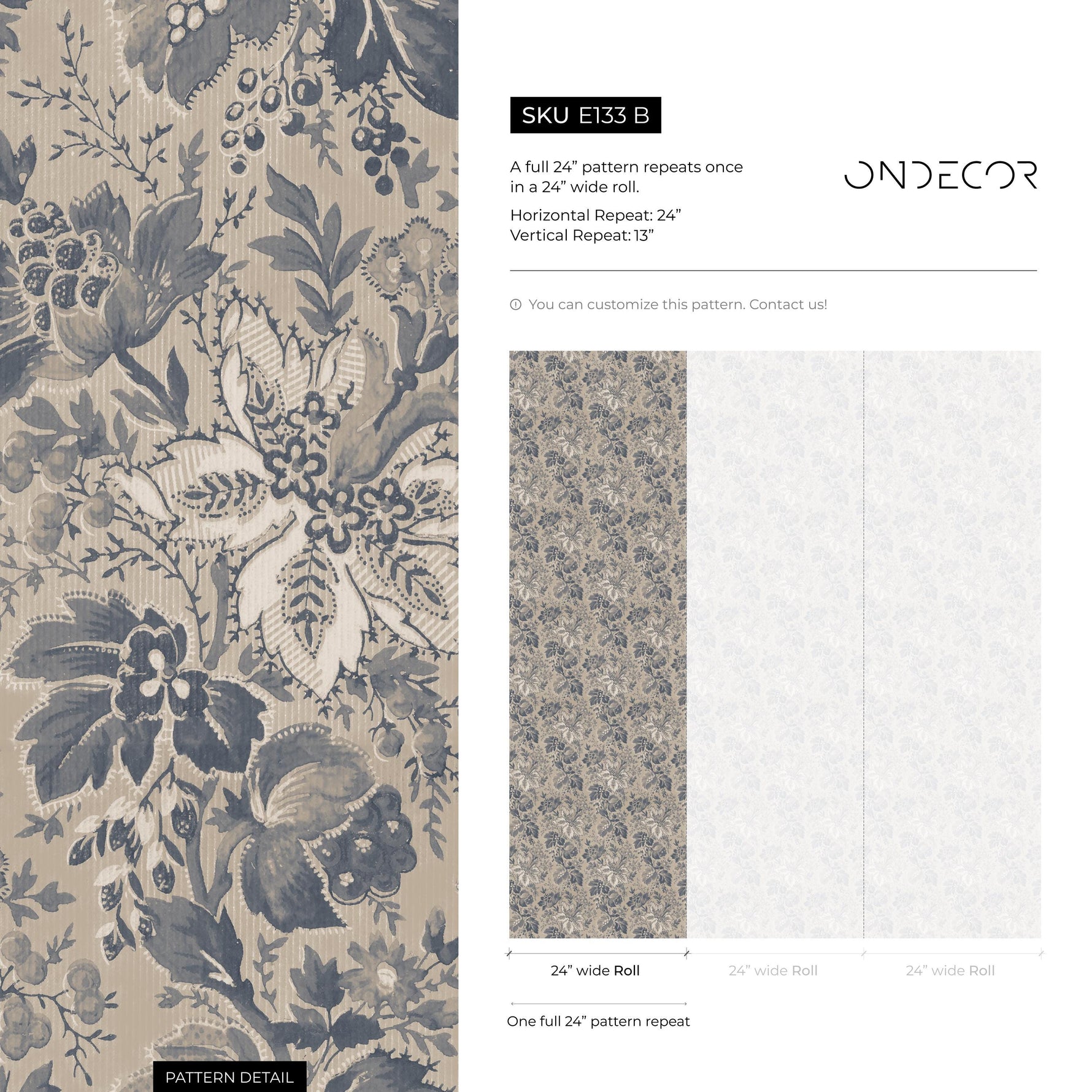Botanical Wallpaper with a Vintage Leaf Motif in Blue, Grey, and Beige - E133 B