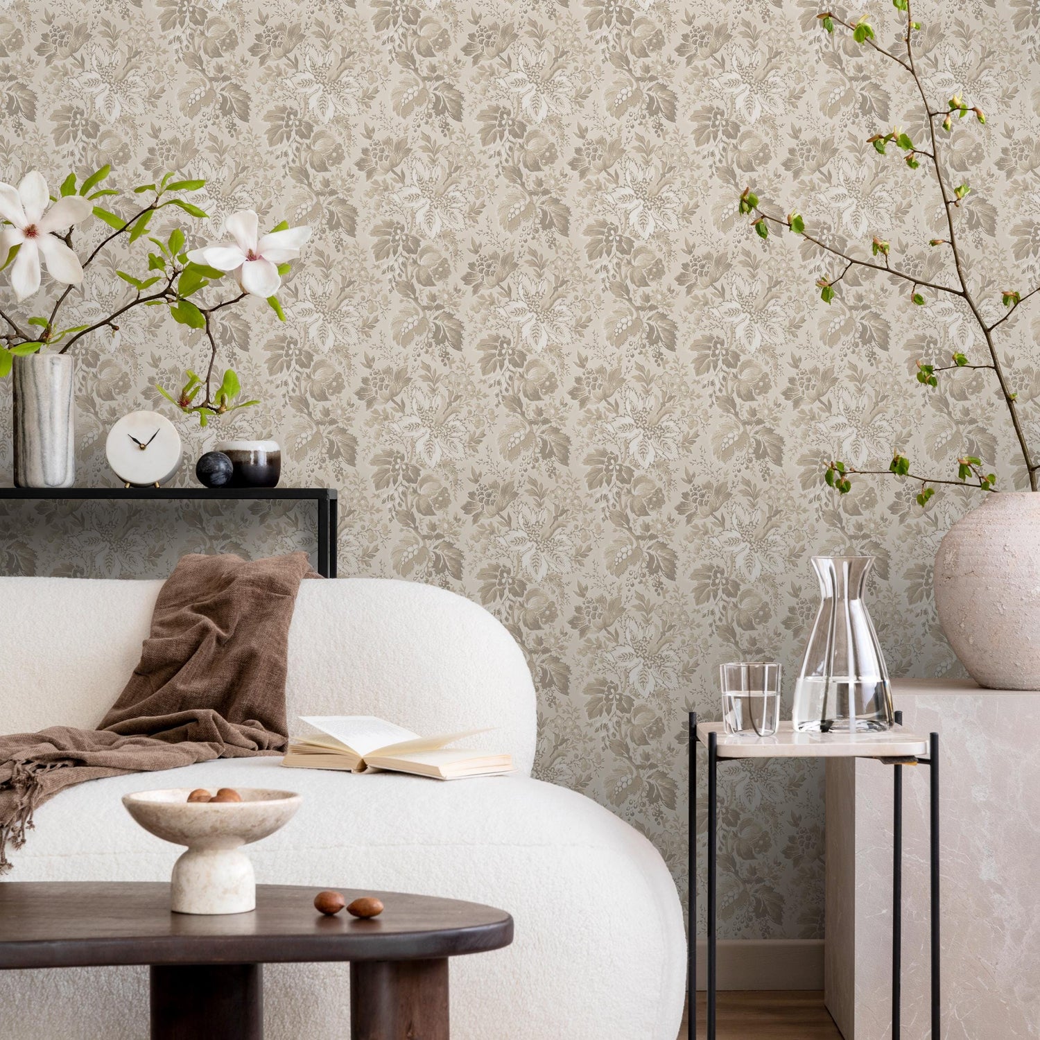 Damask Wallpaper with a Vintage Botanical Motif in Beige and Taupe - E133 C