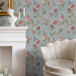 Botanical Wallpaper with Vintage Birds and Flowers in Blue, Pink, and Red - E135 A
