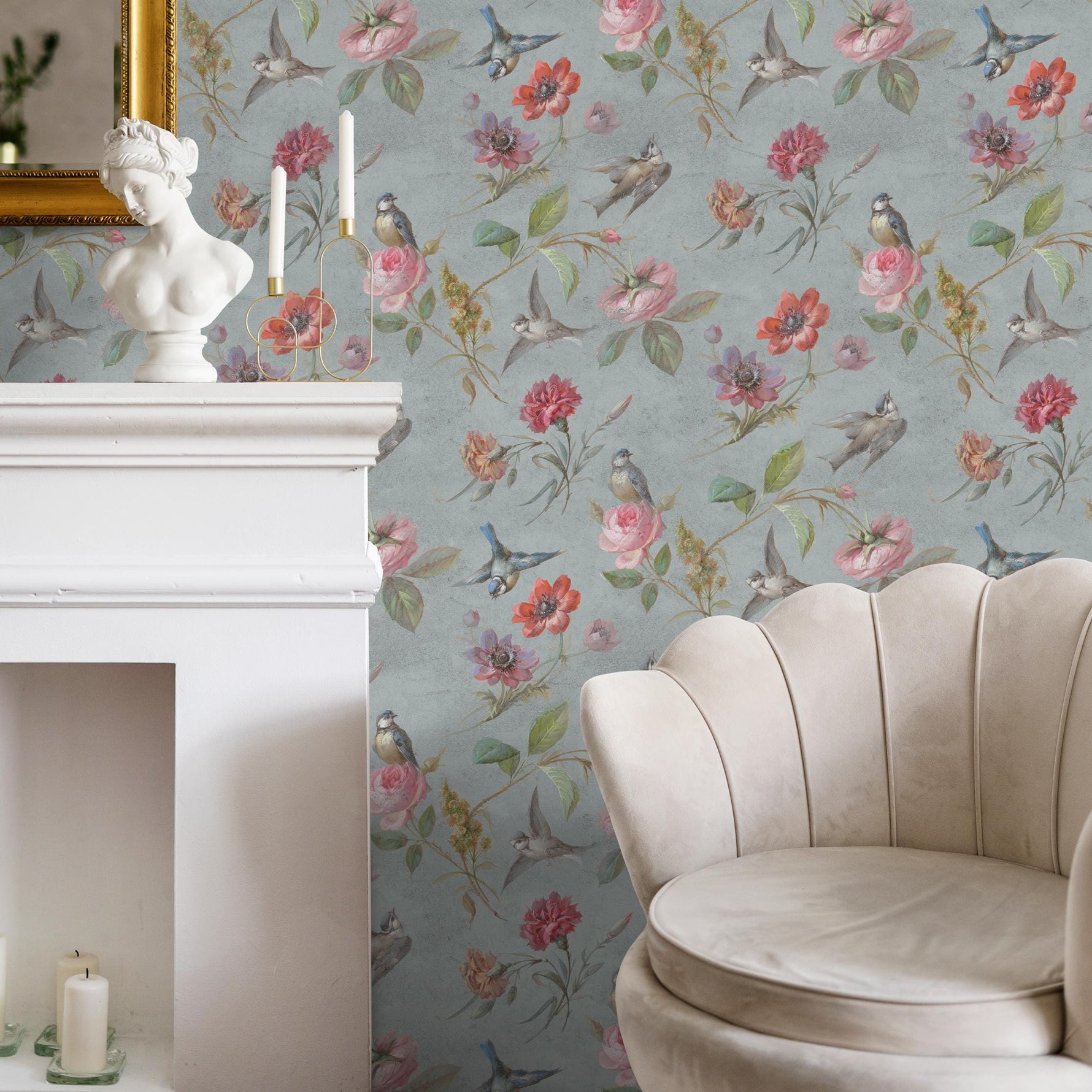 Botanical Wallpaper with Vintage Birds and Flowers in Blue, Pink, and Red - E135 A
