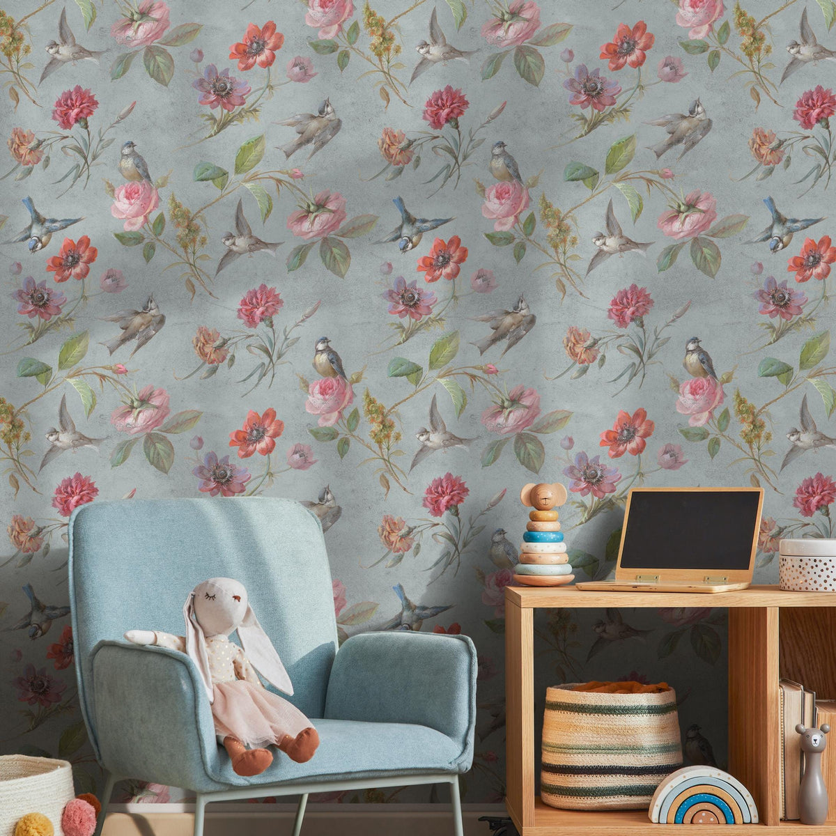 Botanical Wallpaper with Vintage Birds and Flowers in Blue, Pink, and Red - E135 A