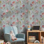 Botanical Wallpaper with Vintage Birds and Flowers in Blue, Pink, and Red - E135 A
