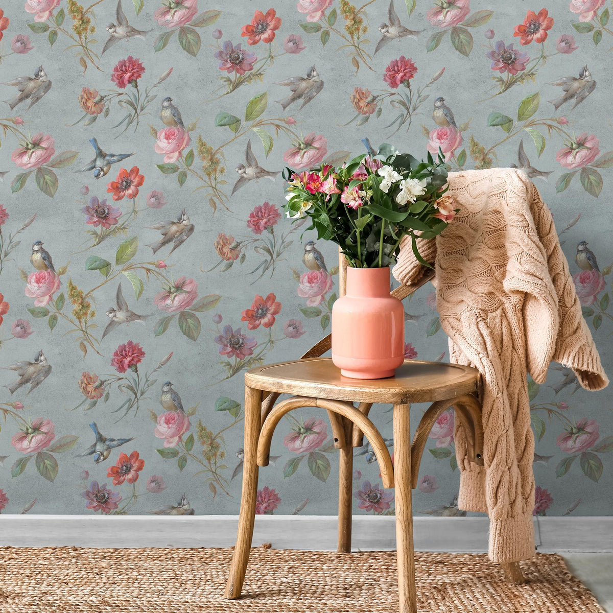 Botanical Wallpaper with Vintage Birds and Flowers in Blue, Pink, and Red - E135 A