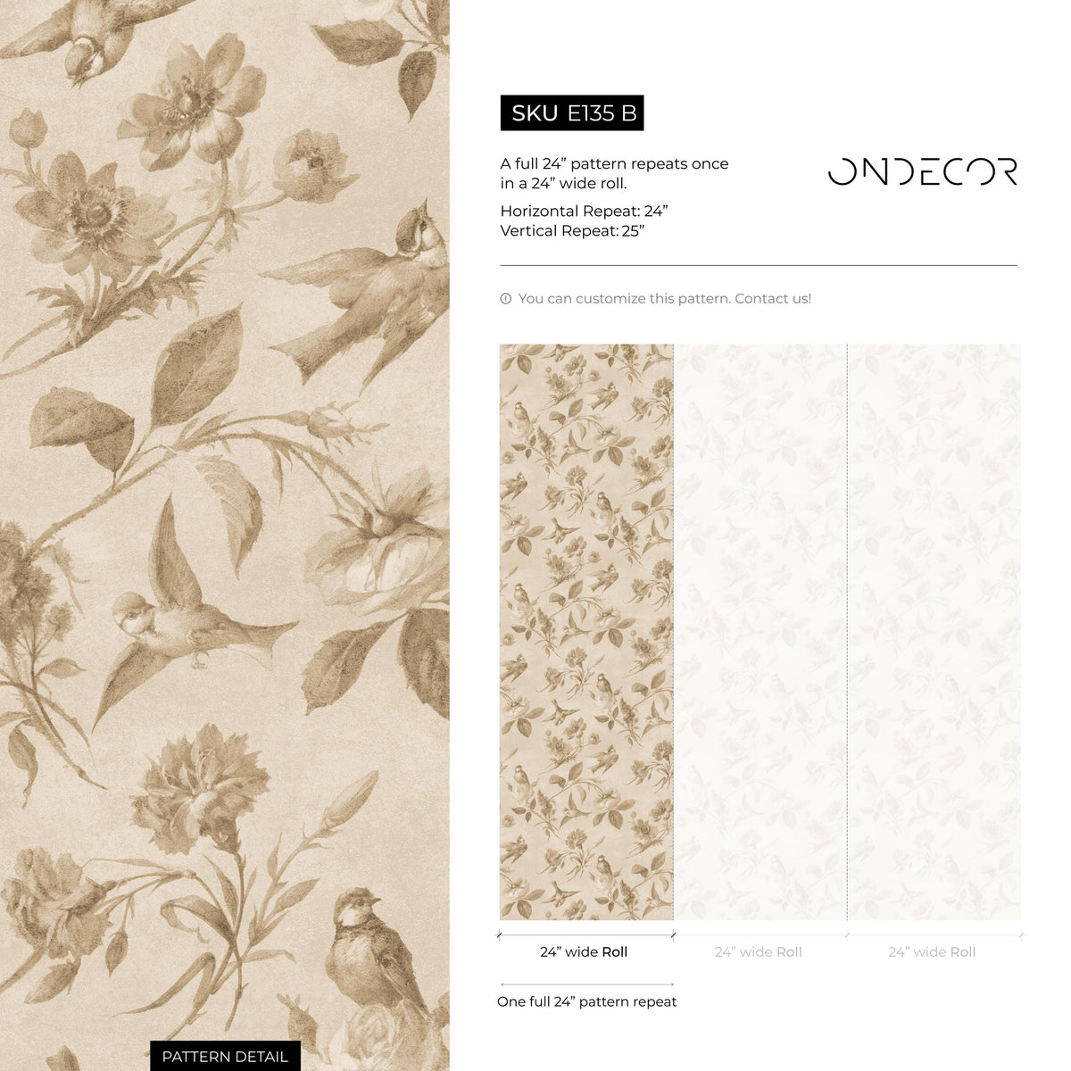 Vintage Wallpaper with a Bird and Floral Motif in Beige and Brown - E135 B