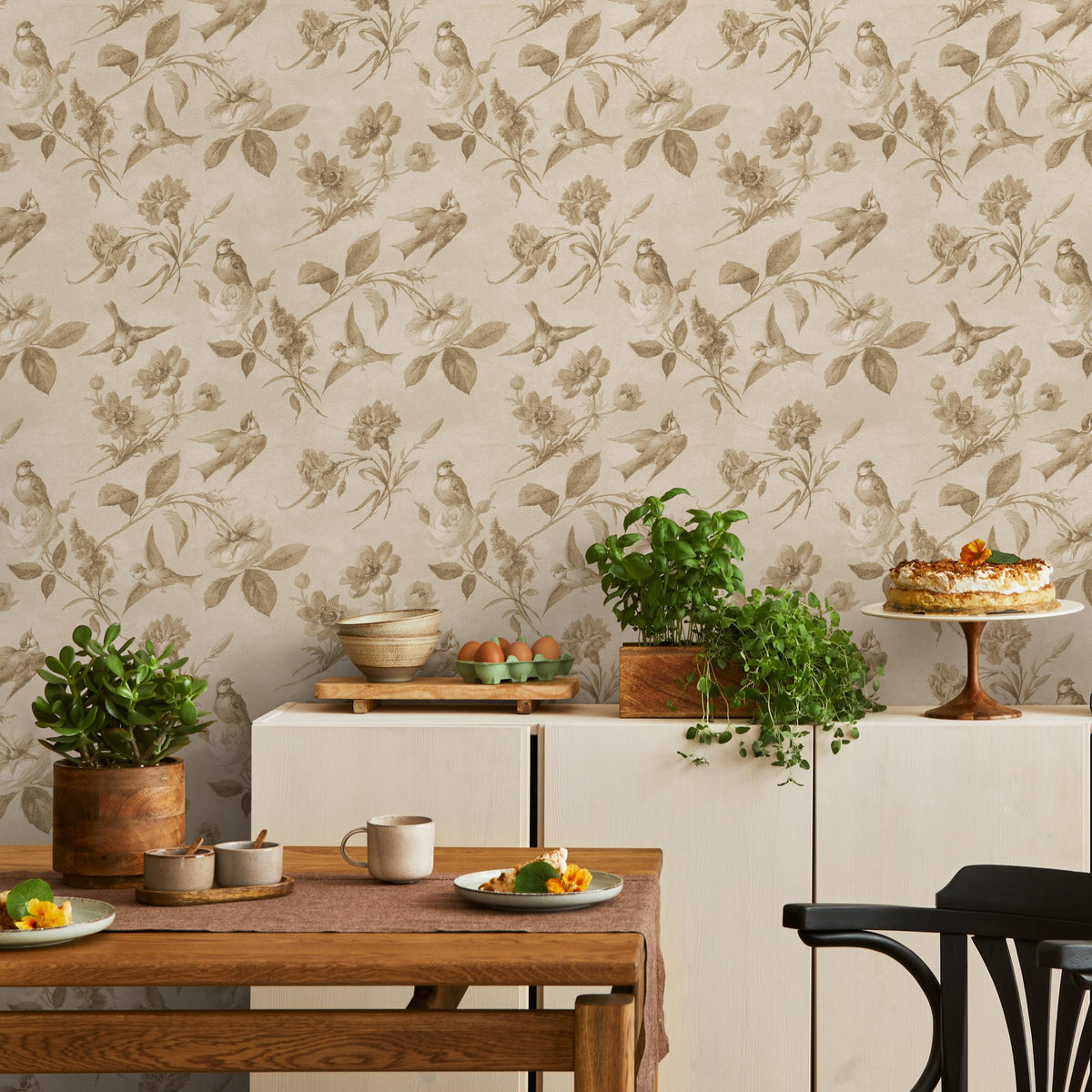 Vintage Wallpaper with a Bird and Floral Motif in Beige and Brown - E135 B