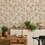 Vintage Wallpaper with a Bird and Floral Motif in Beige and Brown - E135 B