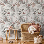 Botanical Wallpaper with Hummingbirds and Tropical Blooms in Gray and Pink - E137 B