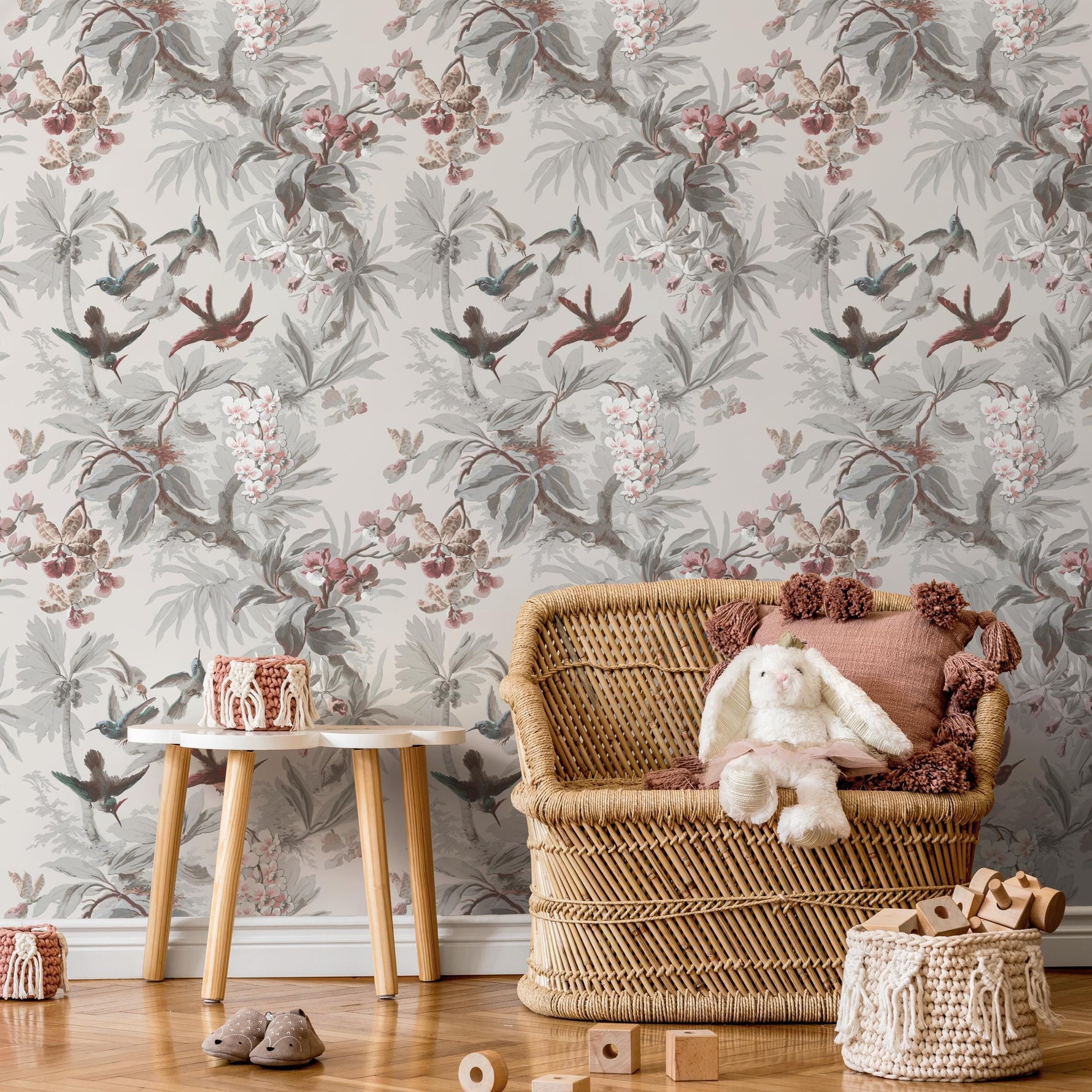 Botanical Wallpaper with Hummingbirds and Tropical Blooms in Gray and Pink - E137 B