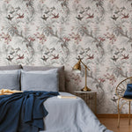 Botanical Wallpaper with Hummingbirds and Tropical Blooms in Gray and Pink - E137 B