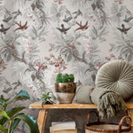 Botanical Wallpaper with Hummingbirds and Tropical Blooms in Gray and Pink - E137 B
