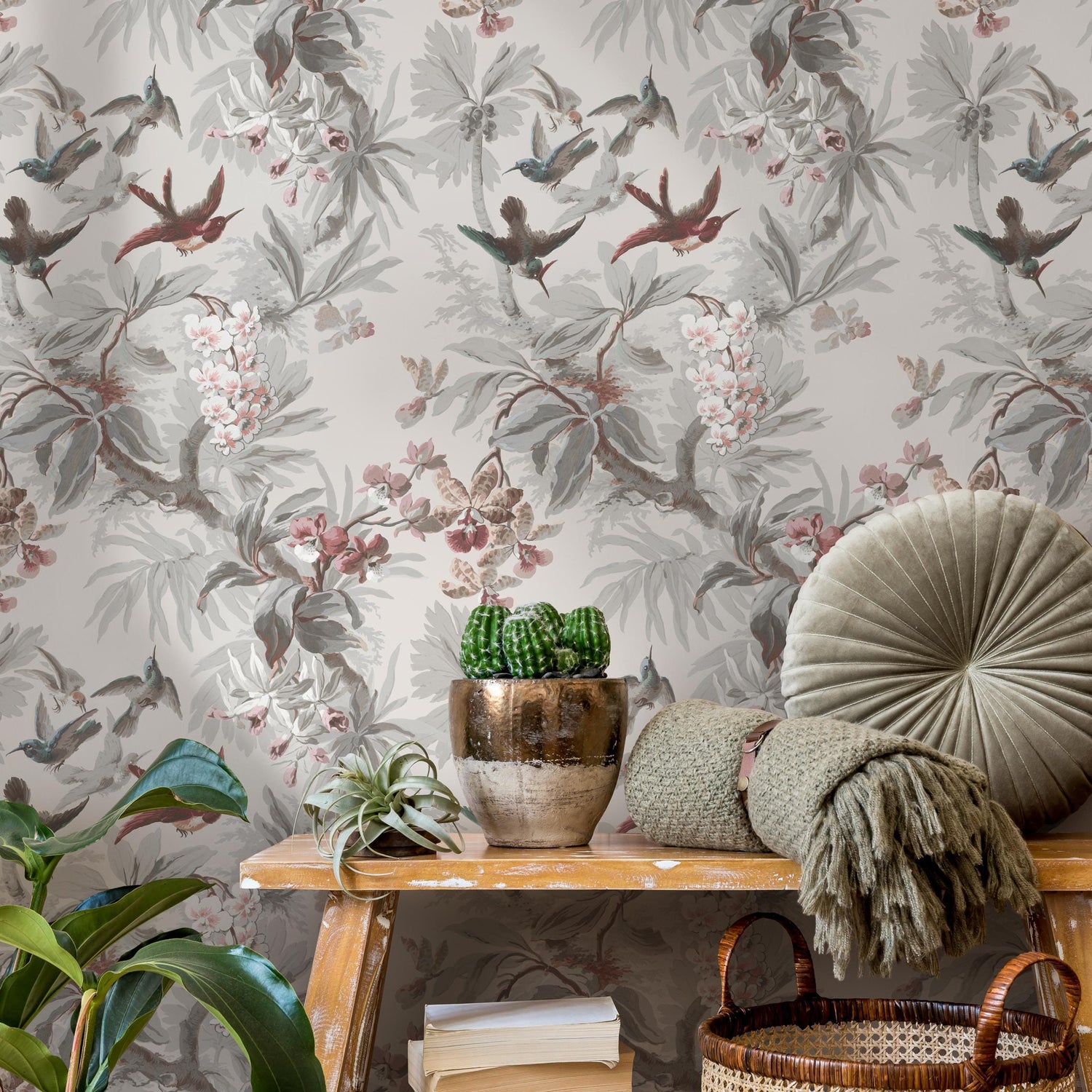 Botanical Wallpaper with Hummingbirds and Tropical Blooms in Gray and Pink - E137 B