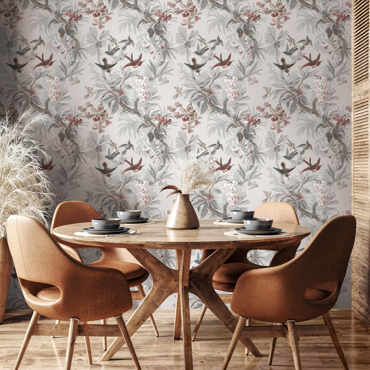 Botanical Wallpaper with Hummingbirds and Tropical Blooms in Gray and Pink - E137 B