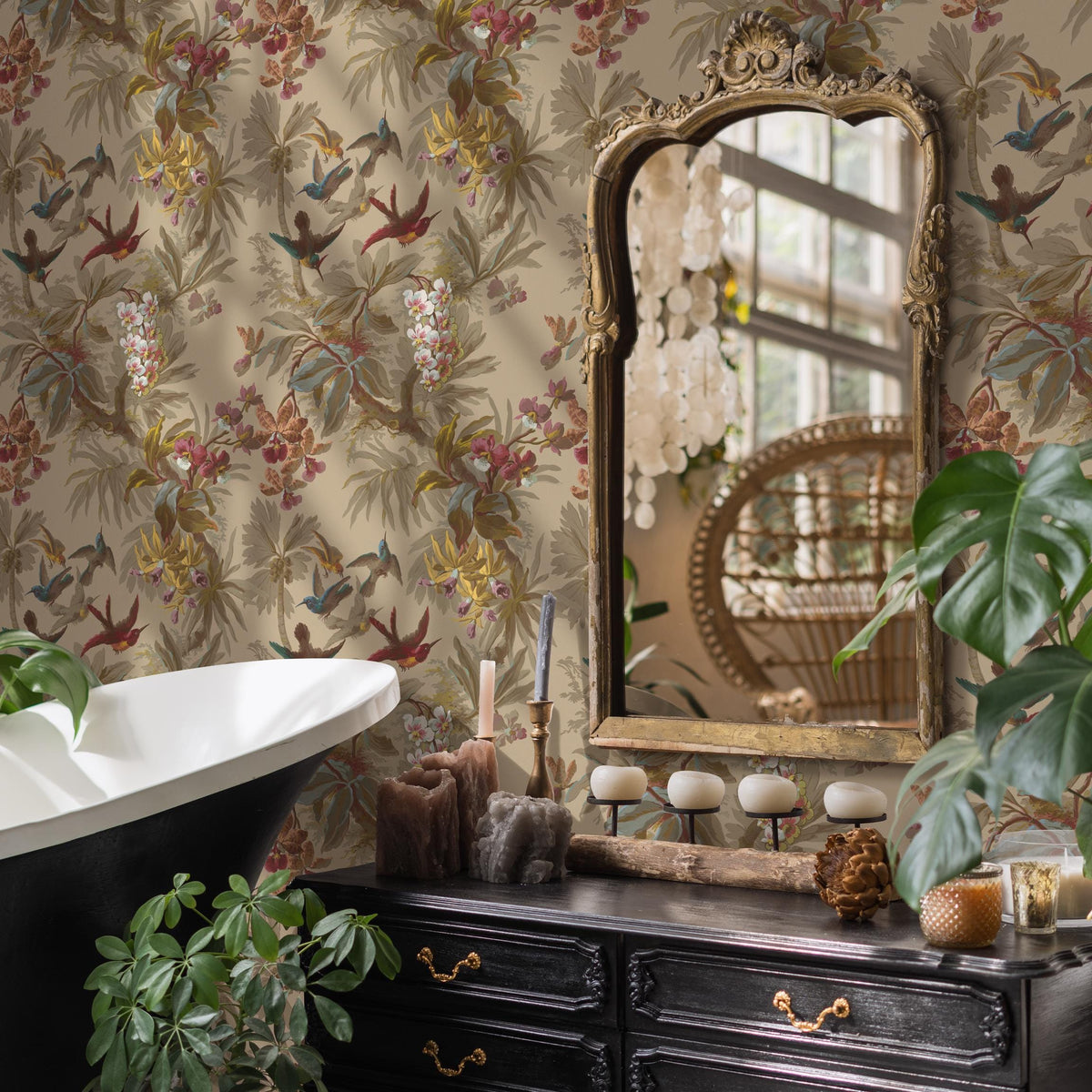 Botanical Wallpaper with Hummingbirds and Tropical Flowers in Red, Blue, and Yellow - E137 A