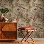 Botanical Wallpaper with Hummingbirds and Tropical Flowers in Red, Blue, and Yellow - E137 A