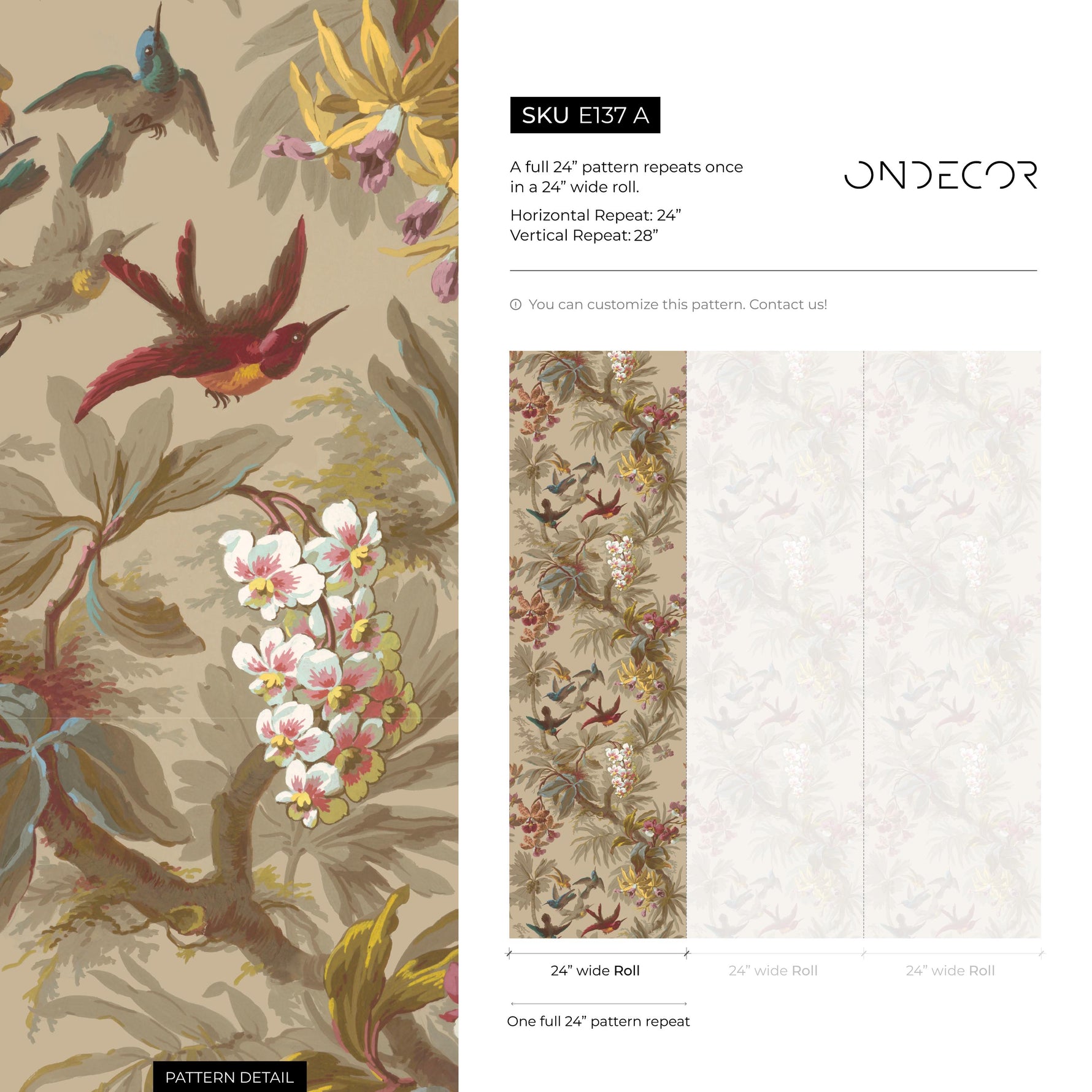 Botanical Wallpaper with Hummingbirds and Tropical Flowers in Red, Blue, and Yellow - E137 A