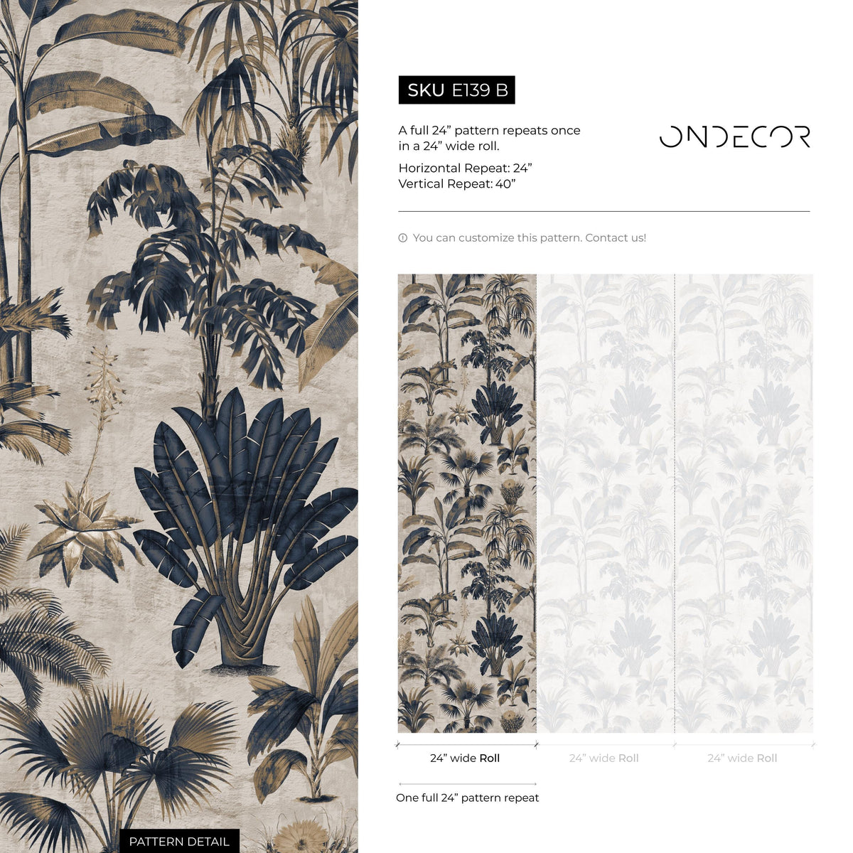 Botanical Wallpaper with Vintage Palm Trees in Navy Blue and Beige - E139 B