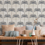 Art Deco Wallpaper with Stylized Palm Trees in Blue and Beige - E141 C